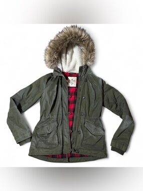 Hollister Olive Green Military Hooded Jacket with Faux Fur Trim